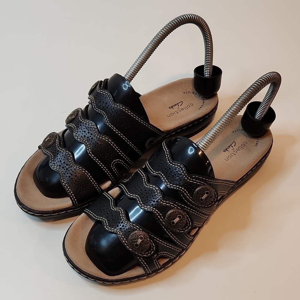 Clarks Shoes Womens 6.5M Laurieann Dee Slip On Slide Strap Sandals Brown Leather